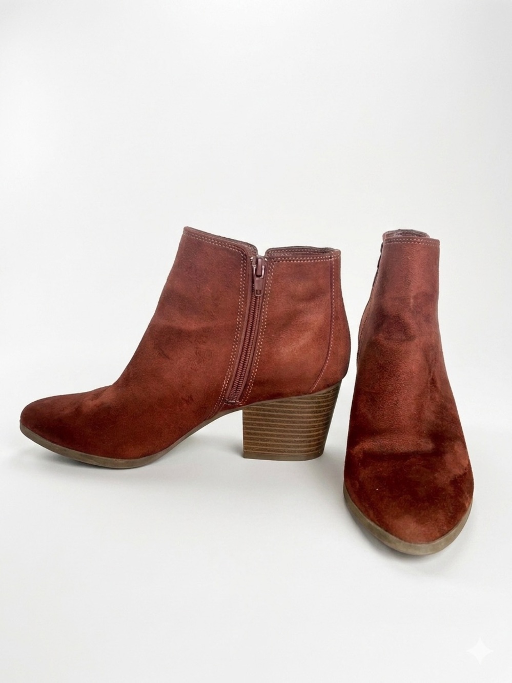Dexflex Comfort Rust Brown Suede Ankle Booties Size 8.5 Stacked Heel & Side Zip
